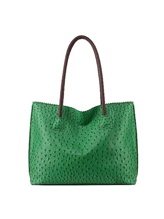 Handbags - Green Ostrich Vegan Leather Tote Bag Women Large Zipper Shoulder Bag